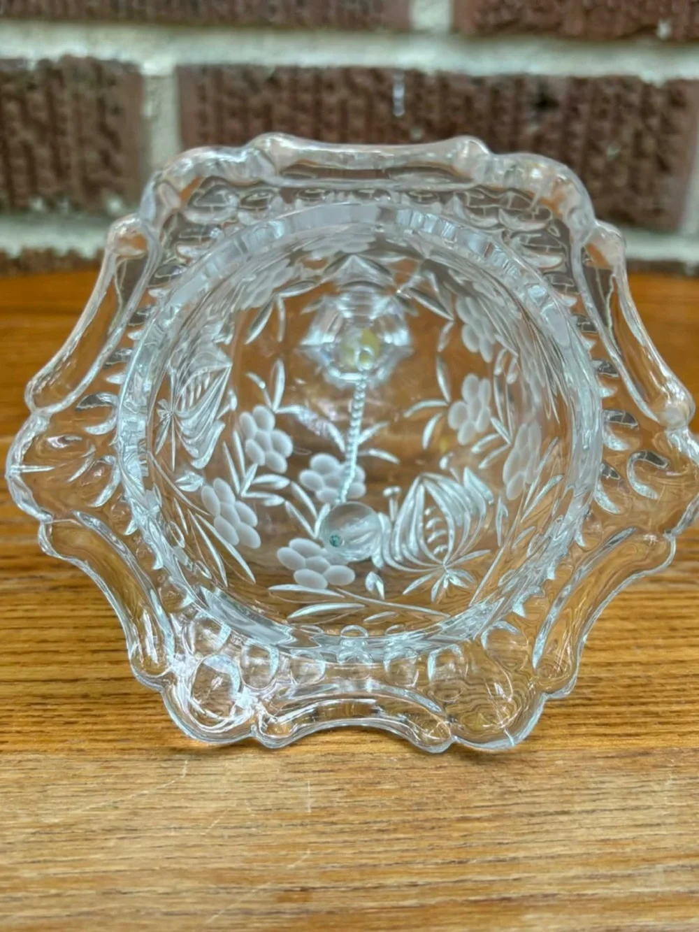 Vtg Bohemian Clear Cut Crystal Dinner Bell Etched Flowers Scalloped Edge 8.5”